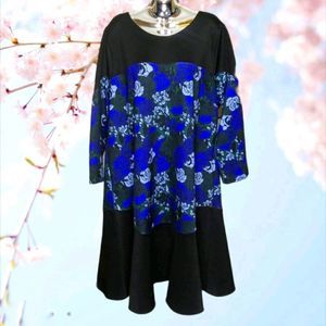 ELOQUII Blue Floral Colorblock Long Sleeve Scuba Shift Dress